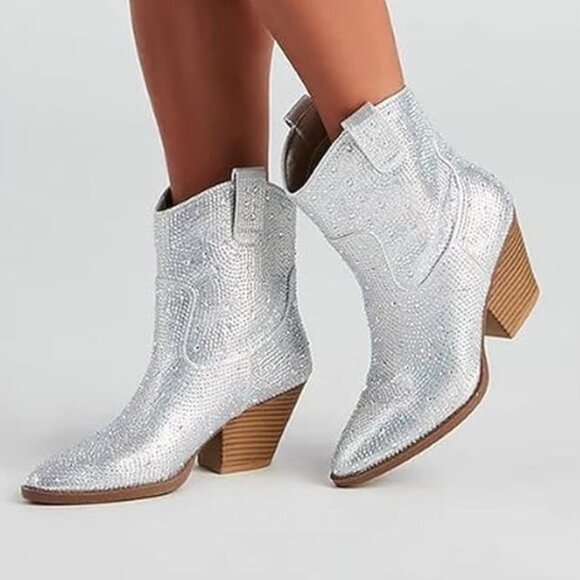 Women's Rhinestone Block Heel Mid Calf Short Boots - Picture 5 of 9